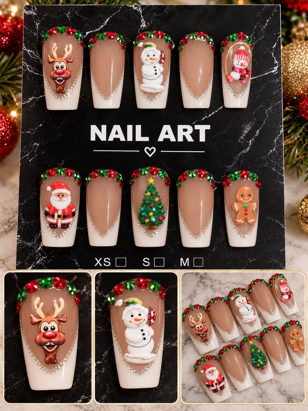 Festive Christmas Press-On Nail Set - Beige with Red & Green Accents - Large